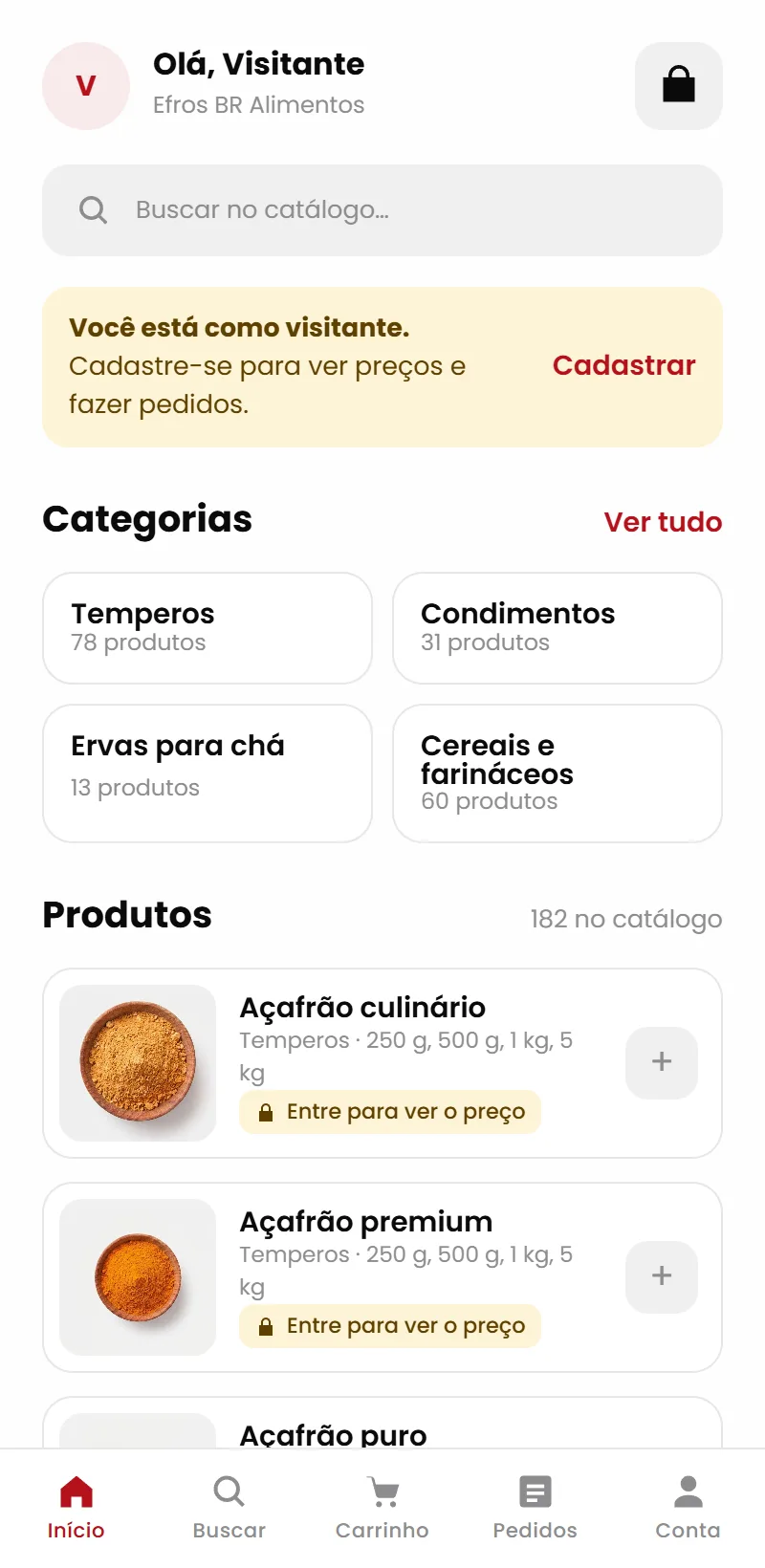 App do Pedibem com busca, categorias e produtos de uma distribuidora de alimentos