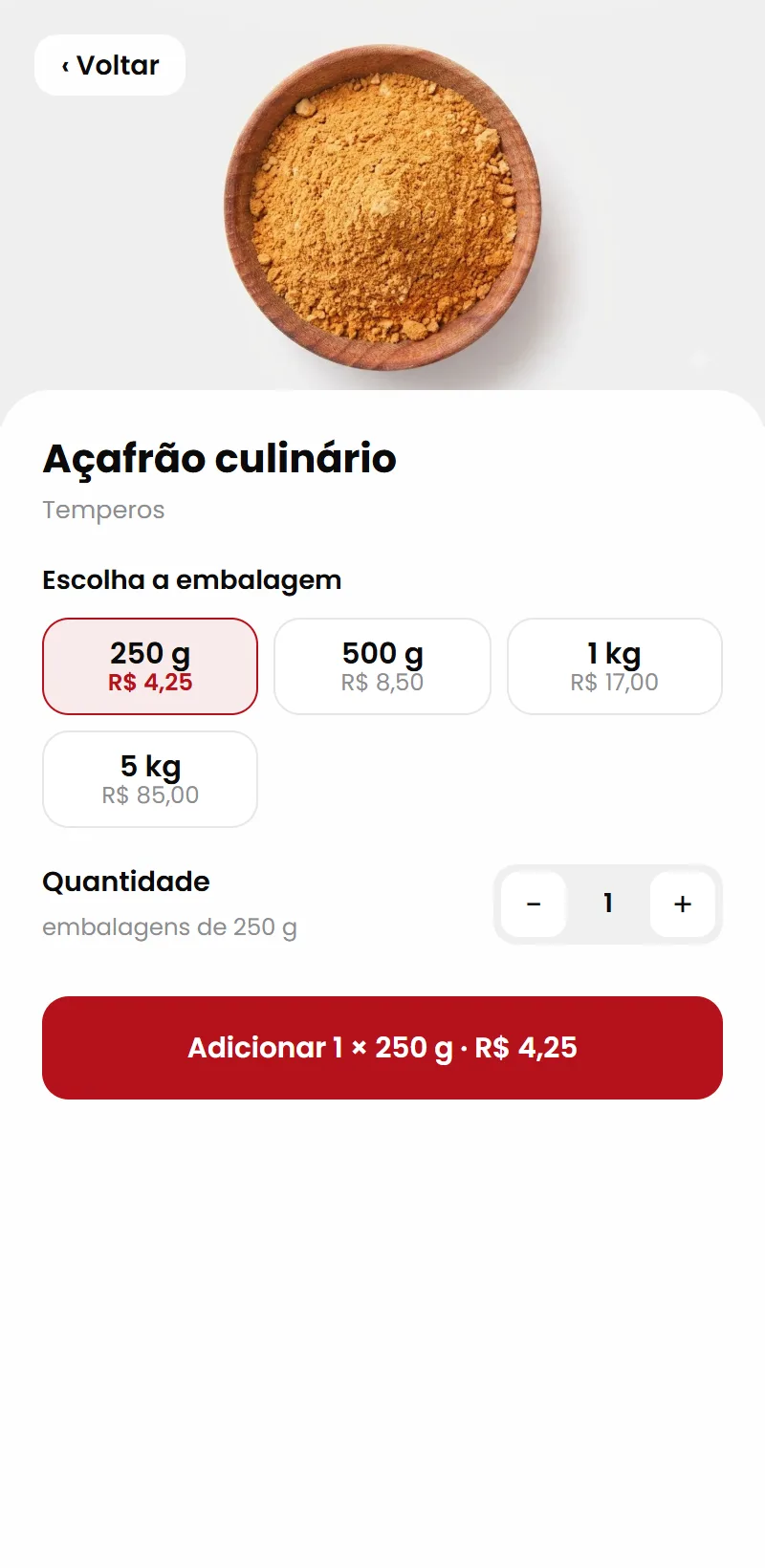 App do Pedibem mostrando um produto com as embalagens disponíveis e o botão de adicionar ao carrinho